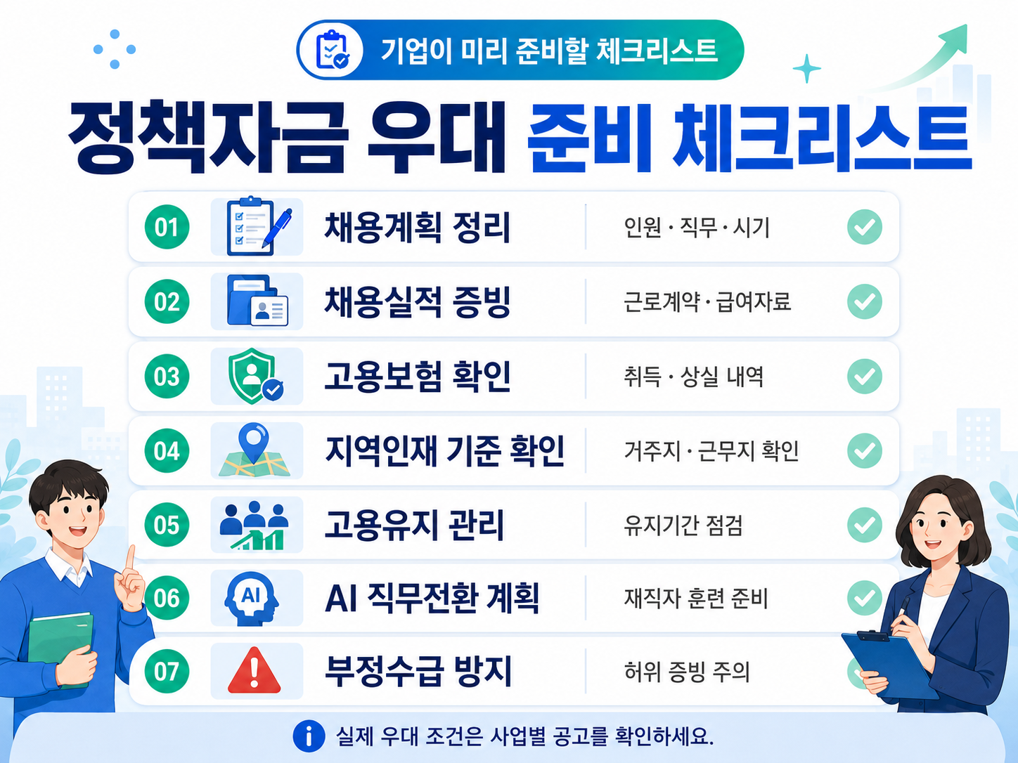 기업 정책자금 우대 준비 체크리스트 채용계획 채용실적 고용보험 지역인재 기준 고용유지 AI 직무전환 부정수급 방지