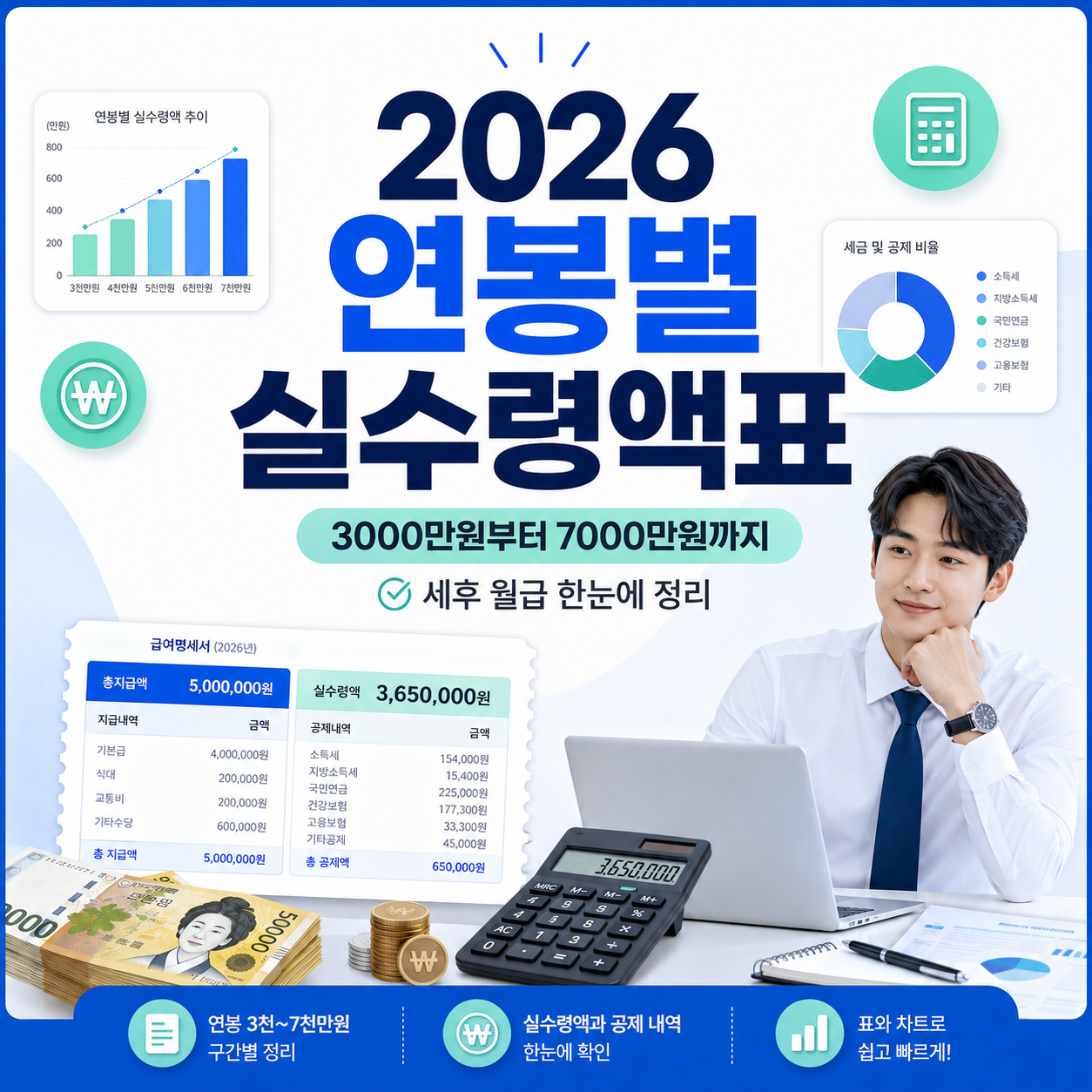 2026 연봉별 실수령액표｜3000만원부터 7000만원까지 한눈에 정리