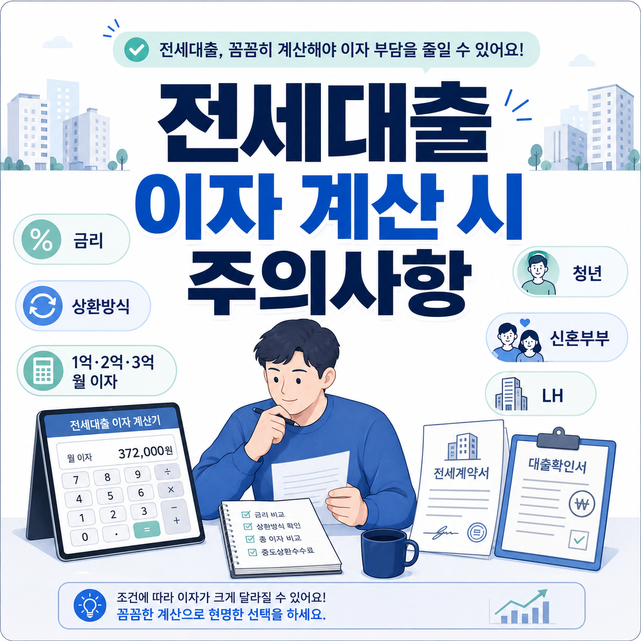전세대출 이자 계산 금리 상환방식 1억 2억 3억 월 이자