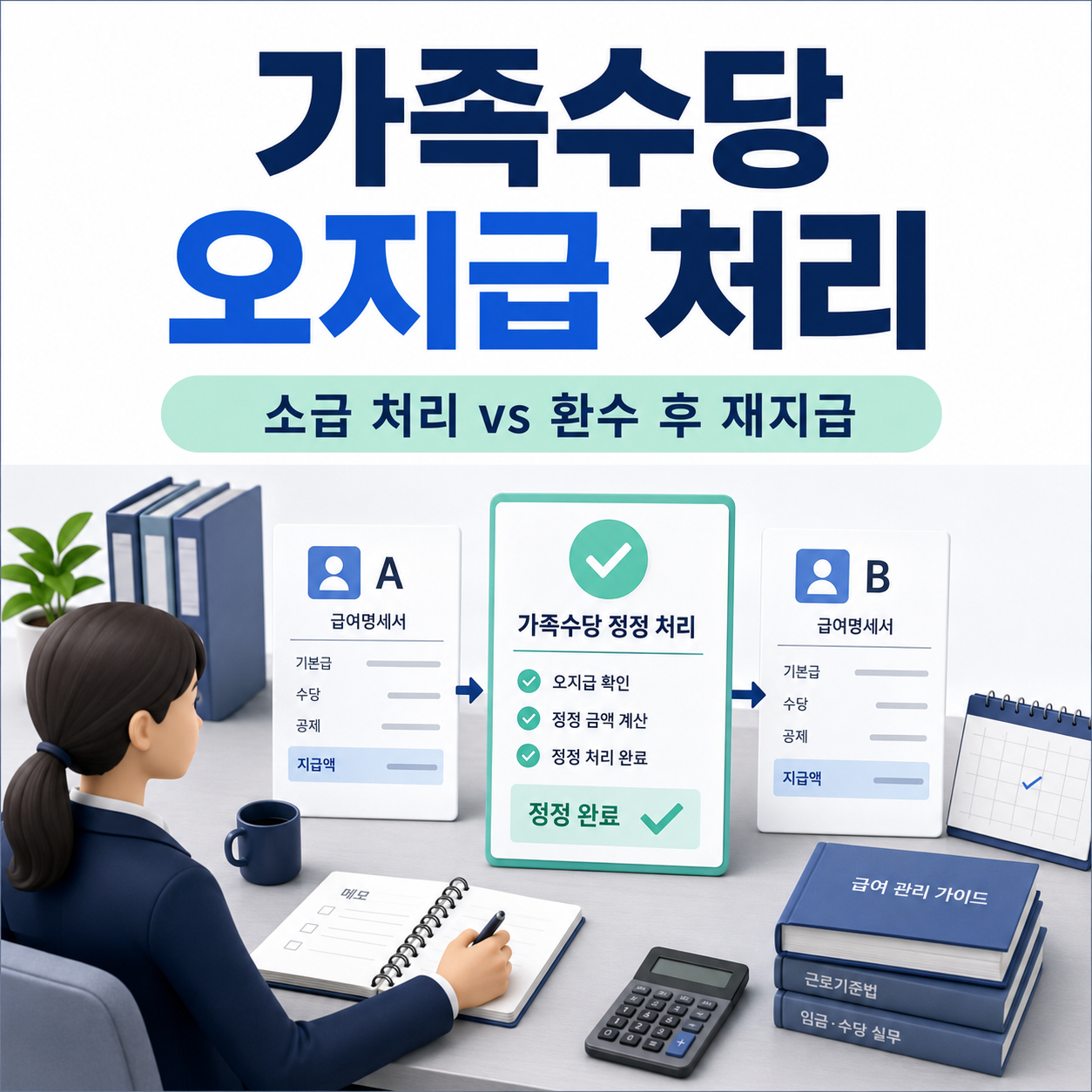 급여 담당자가 A와 B의 가족수당 오지급 자료를 확인하는 모습