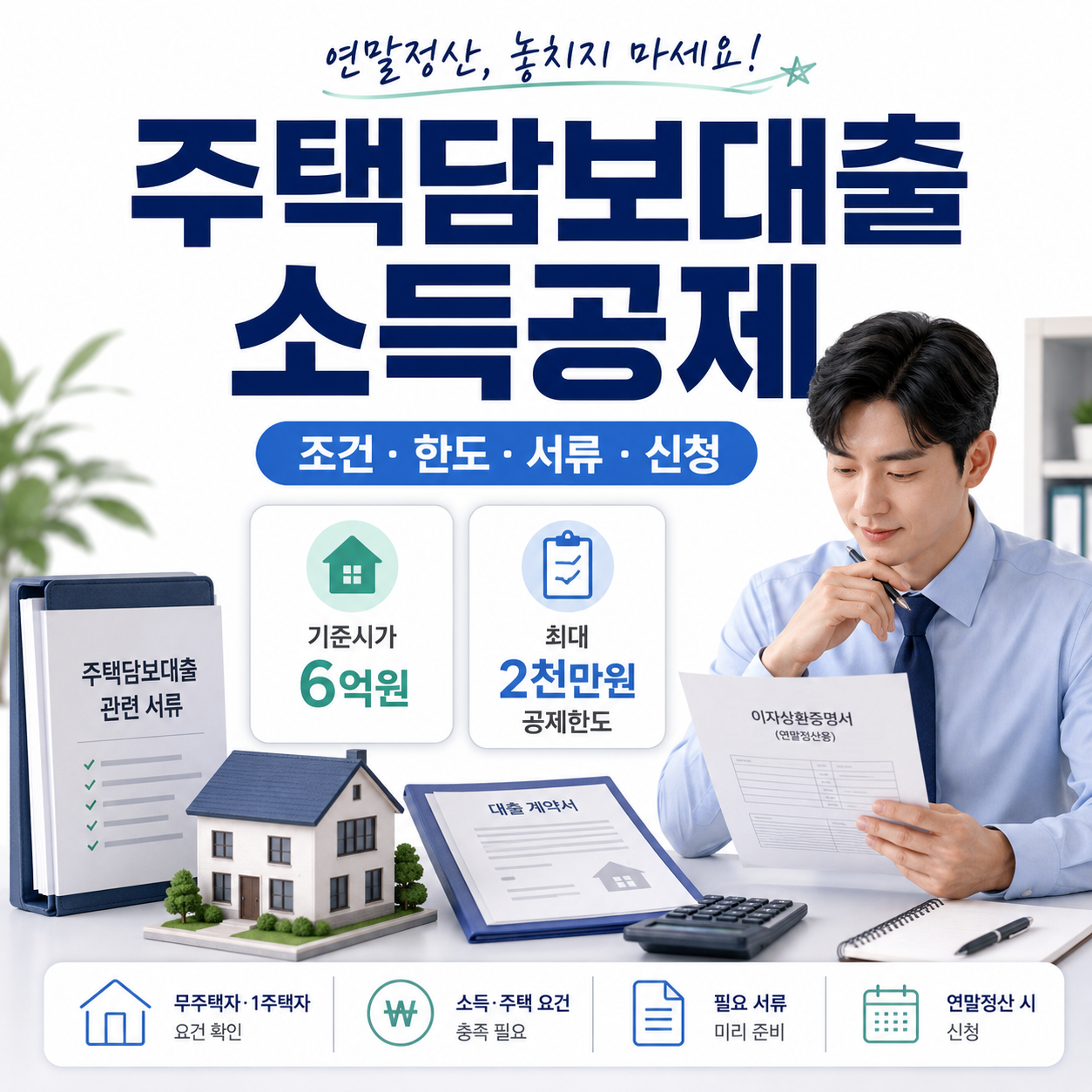 직장인이 주택담보대출 이자 소득공제 조건과 연말정산 서류를 확인하는 모습
