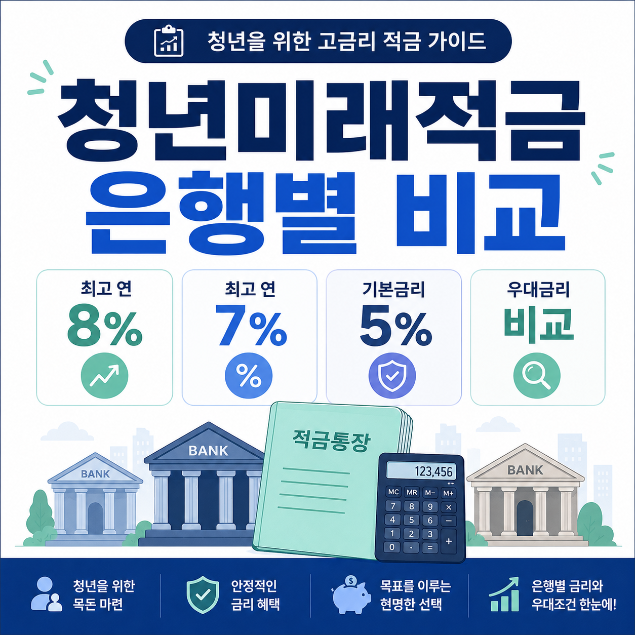 청년미래적금 은행별 최고금리 8%와 7%, 우대금리를 비교하는 대표 이미지