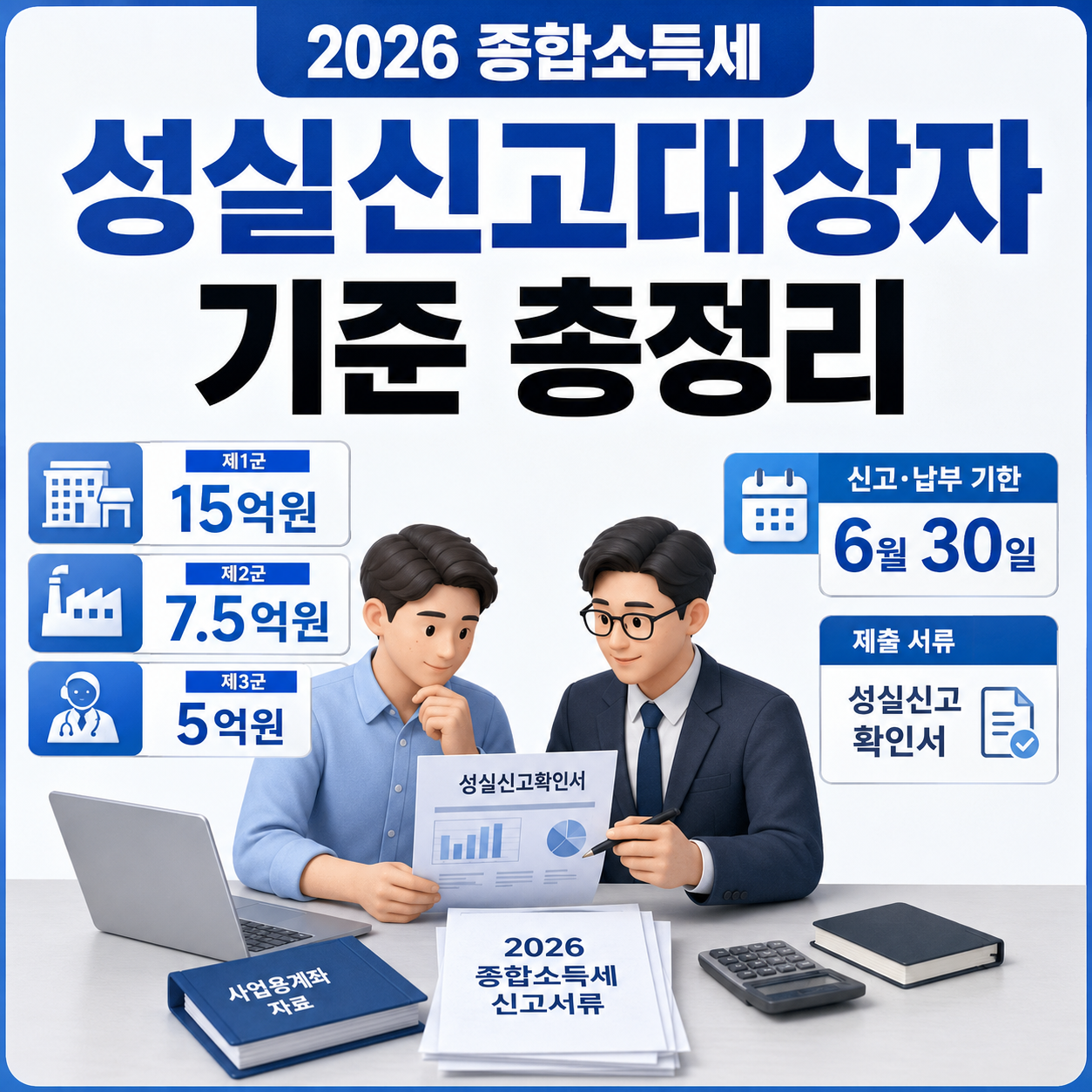 개인사업자와 세무사가 성실신고대상 기준과 확인서를 검토하는 모습
