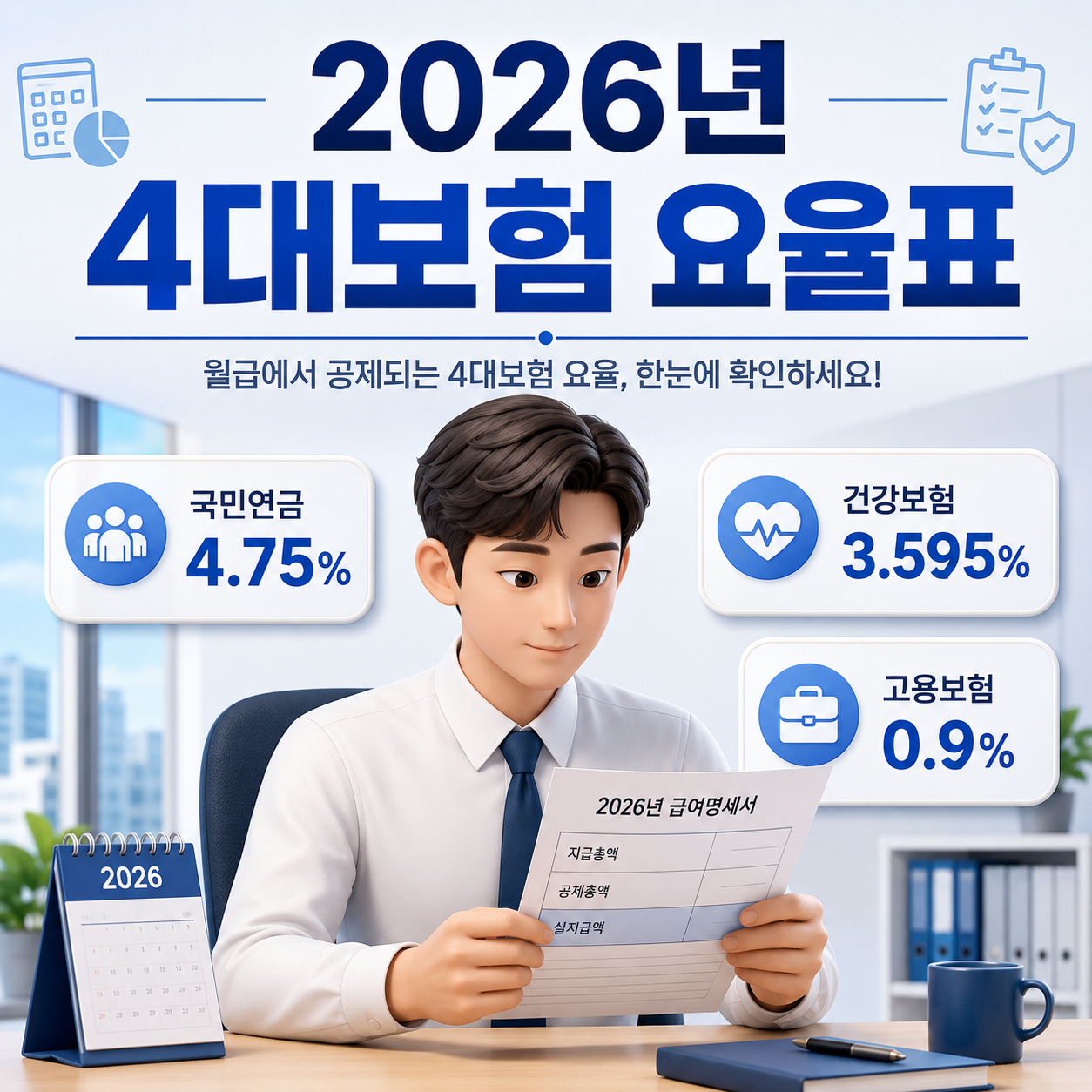 직장인이 2026년 국민연금·건강보험·고용보험 요율이 표시된 급여명세서를 확인하는 모습