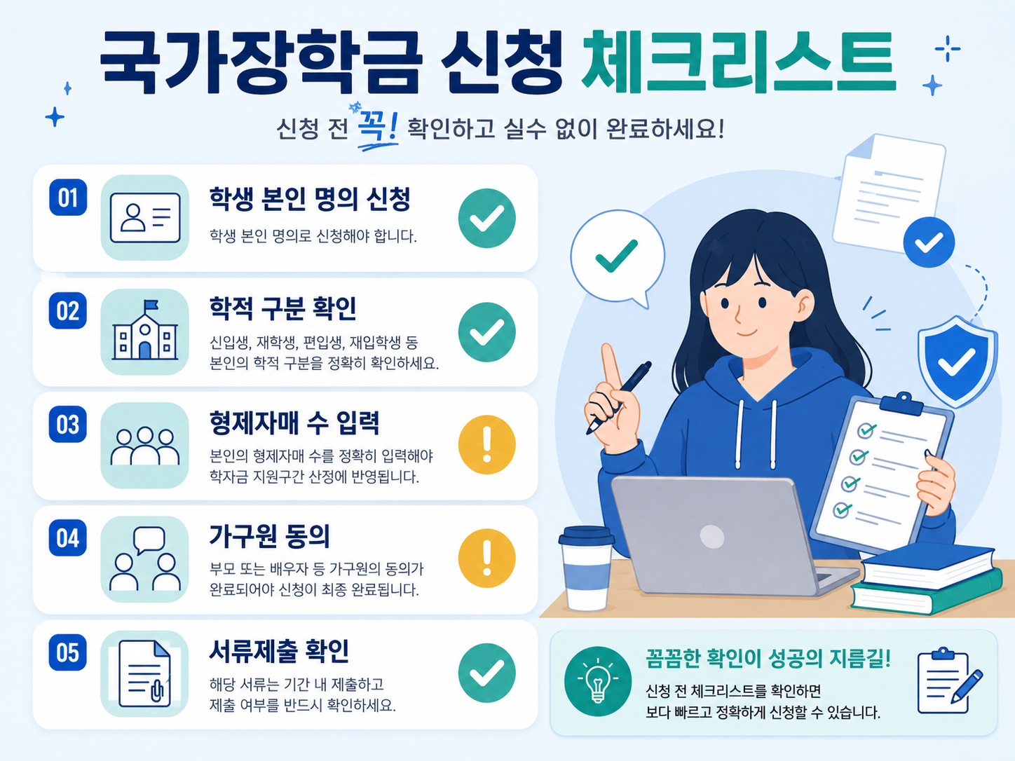 국가장학금 신청 체크리스트 학생 본인 명의 신청 학적 구분 형제자매 수 가구원 동의 서류제출 확인