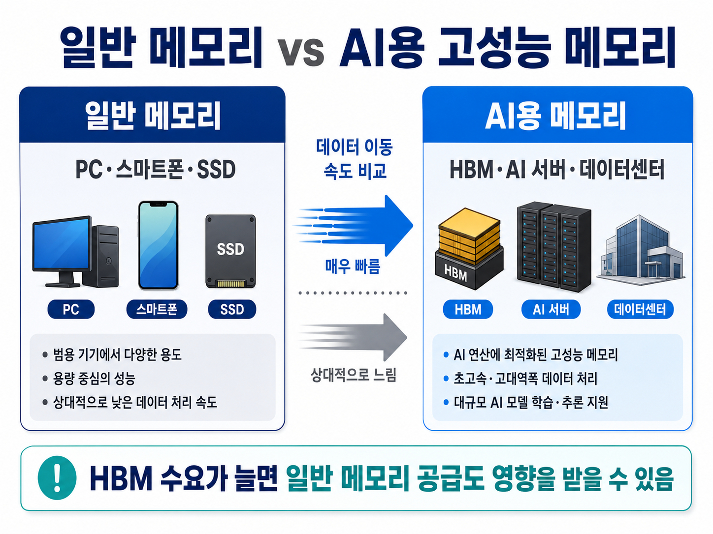 일반 메모리와 AI용 HBM 고성능 메모리의 차이를 비교한 이미지
