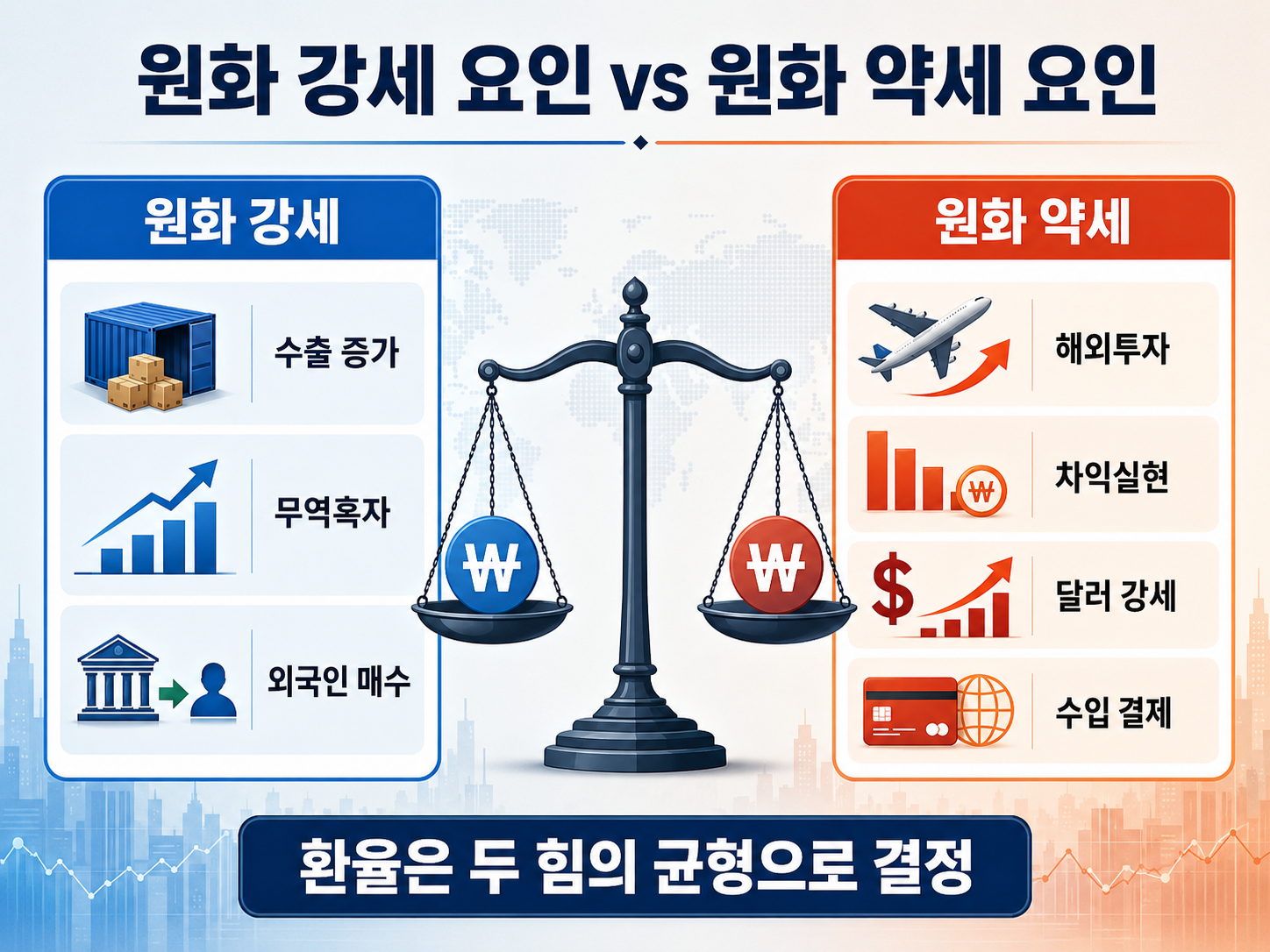 원화 강세 요인과 원화 약세 요인을 비교한 이미지