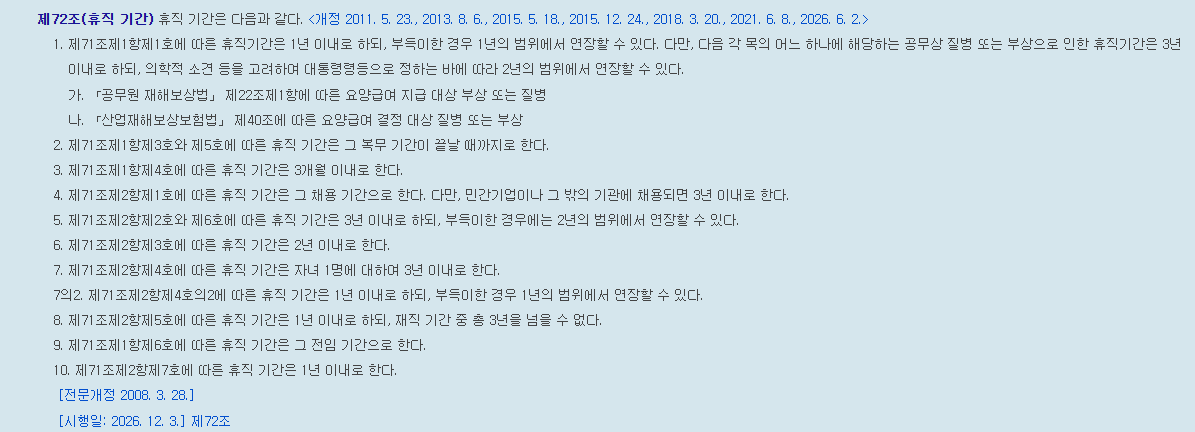 국가공무원법 제72조 가족돌봄휴직 1년 이내와 재직기간 중 총 3년 기준